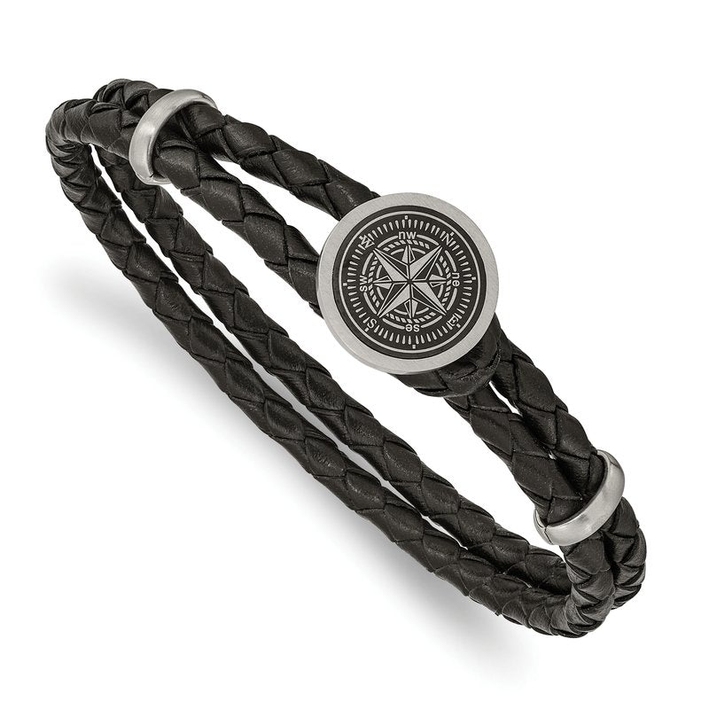 Stainless Steel Brushed Laser Design Compass Black Woven Leather 8.5 inch Bracelet