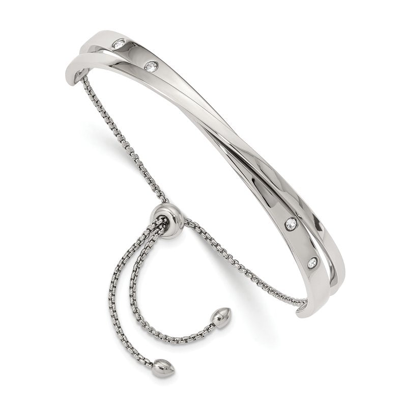 Stainless Steel Polished with Crystals Adjustable Bangle Bracelet