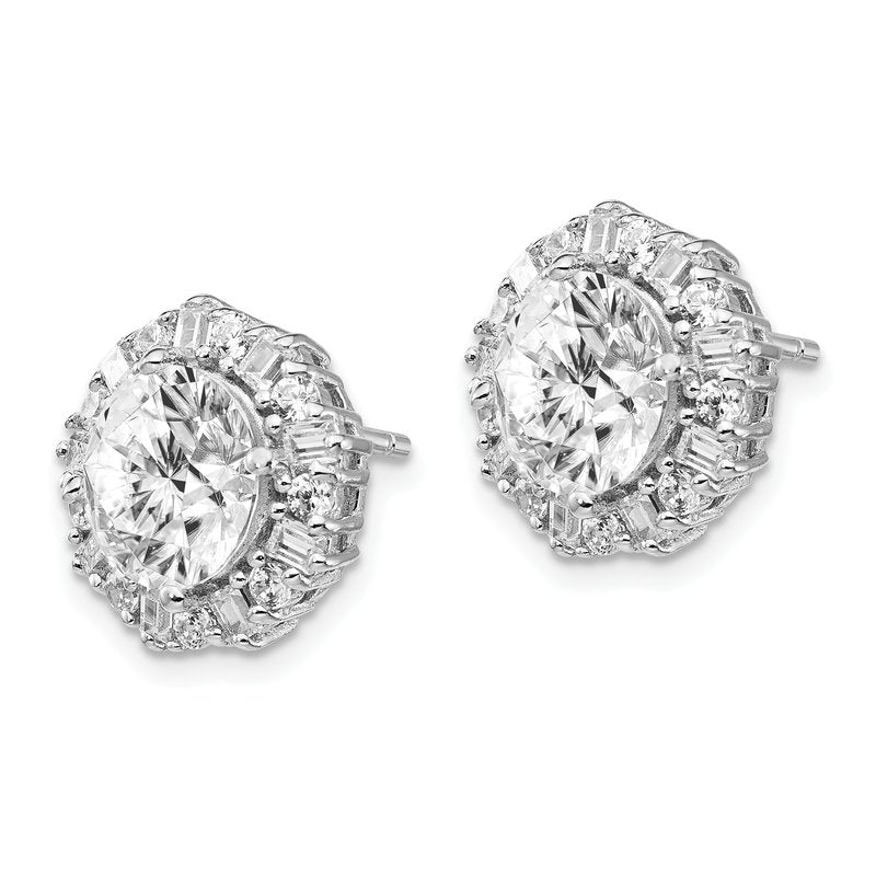 Sterling Silver Rhodium-plated Fancy Brilliant-cut and Emerald-cut CZ Halo Post Earrings