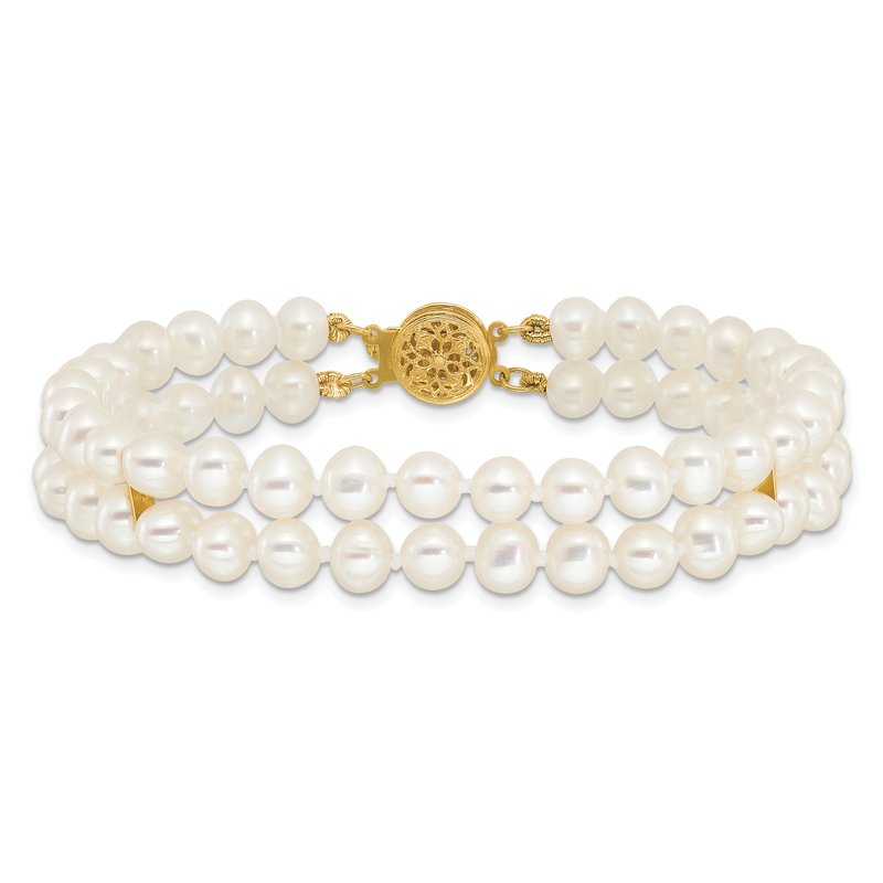 14k 5-6mm White Near-Round Freshwater Cultured Pearl 2-Strand 7.5 inch Bracelet