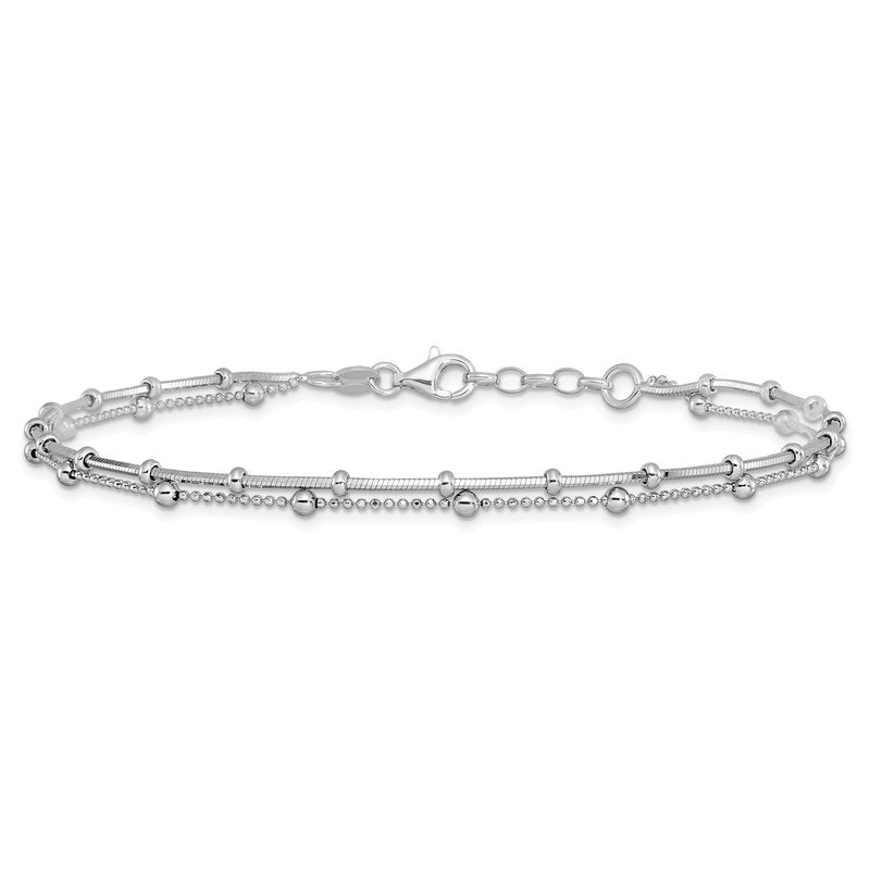 Sterling Silver Rhodium-plated Beaded 2-Strand 9 inch Plus 0.5 inch Extender - Total 9.5 inch Anklet