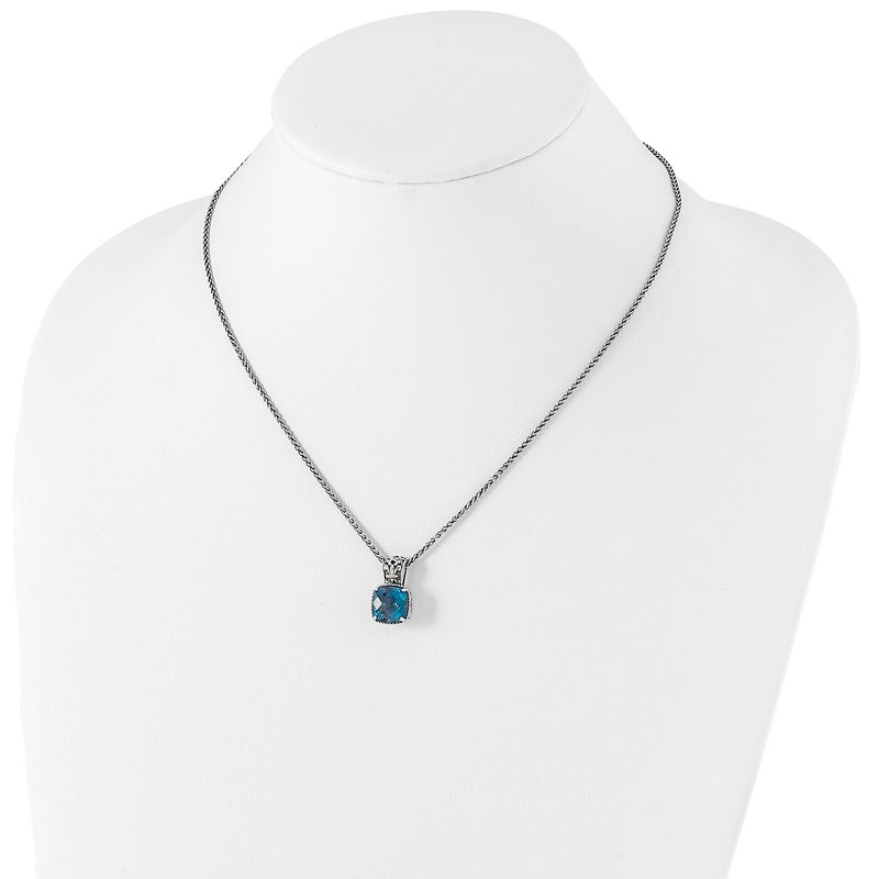 Sterling Silver with 14K Accent 18 Inch Antiqued Cushion London Blue Topaz Necklace