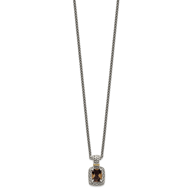 Sterling Silver with 14K Accent 18 Inch Antiqued Cushion Checkerboard Smoky Quartz Necklace