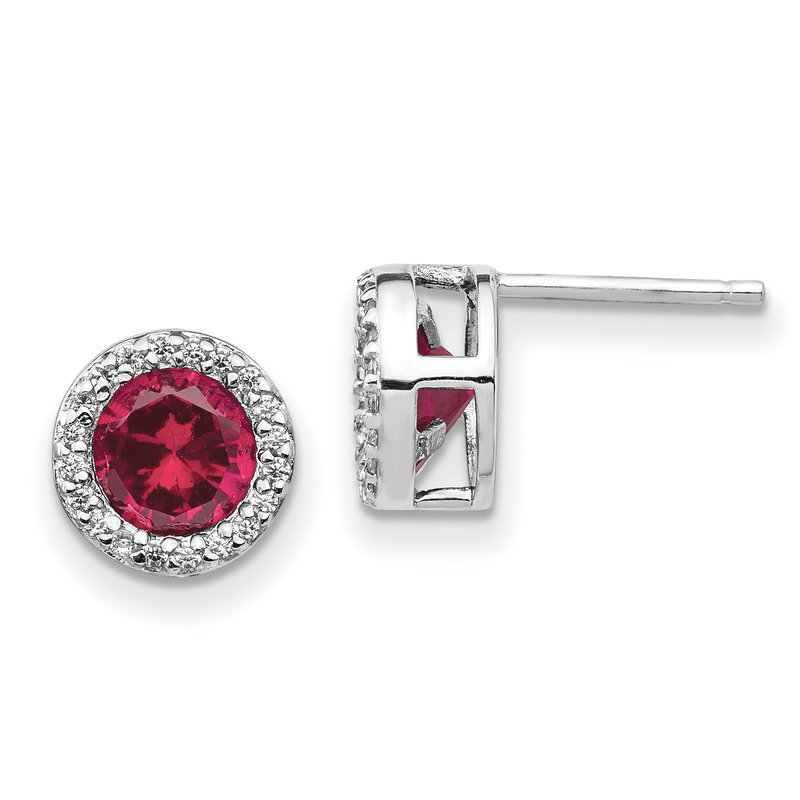 Sterling Silver Rhodium-plated Brilliant-cut Lab Created Ruby and Brilliant-cut White CZ Round Halo Post Earrings