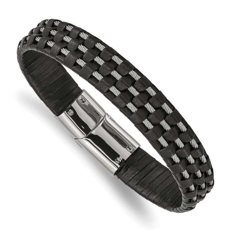 Stainless Steel Polished Wire Cable and Black Leather 8.5 inch Bracelet
