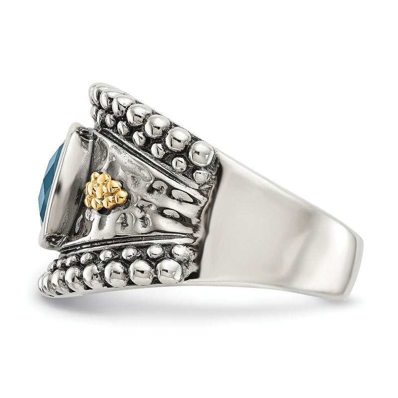 Sterling Silver with 14K Accent Antiqued Checkerboard Cushion London Blue Topaz Ring