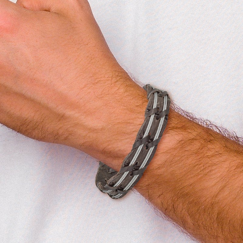 Stainless Steel Polished Cable and Brown Leather 8.5 inch Bracelet