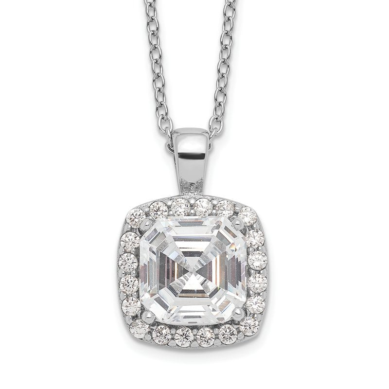 Sterling Silver Rhodium-plated Asscher-cut and Brilliant-cut CZ Halo 18 Inch Necklace