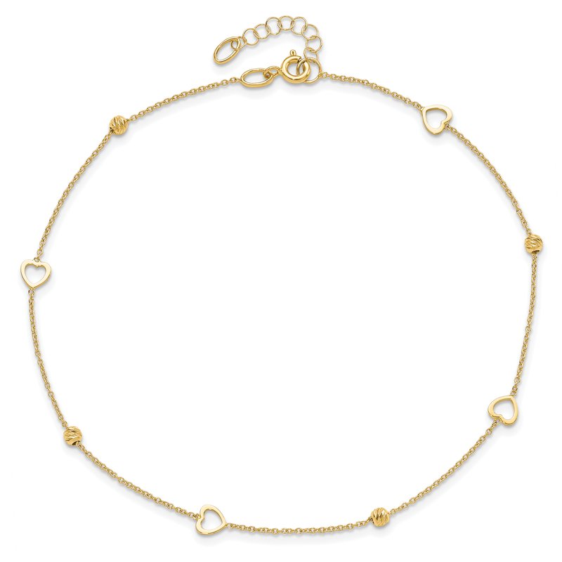 14K Heart and Diamond-cut Bead 10 inch Plus 1 inch Extender - Total 11 inch Anklet