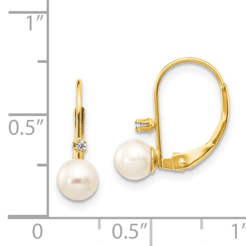 14k 5-6mm White Round Freshwater Cultured Pearl and .02 Carat Diamond Leverback Earrings