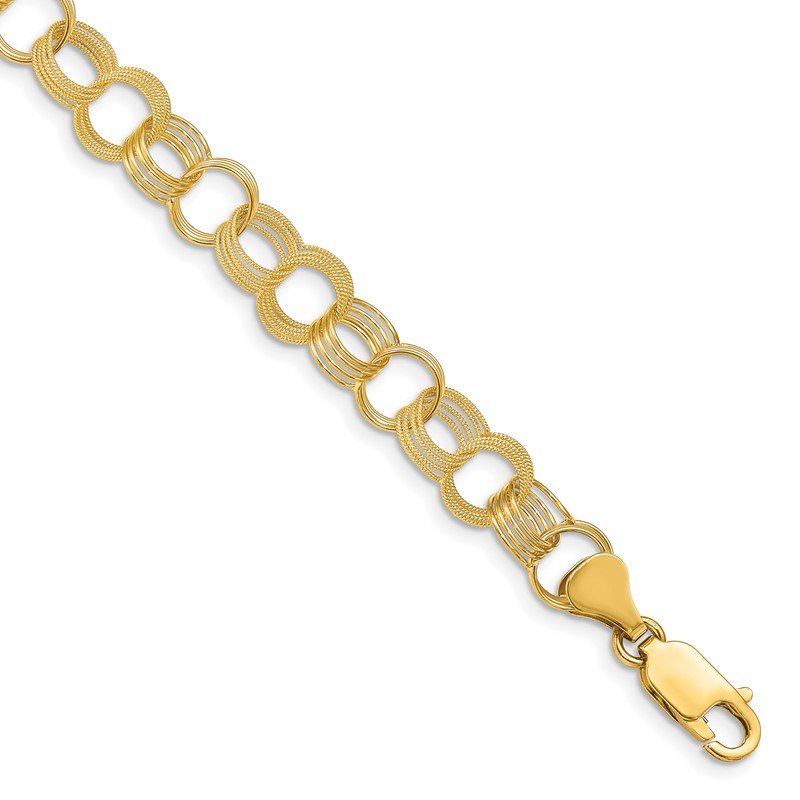 14k 8mm Solid Polished and Textured Triple Link 7 inch Charm Bracelet
