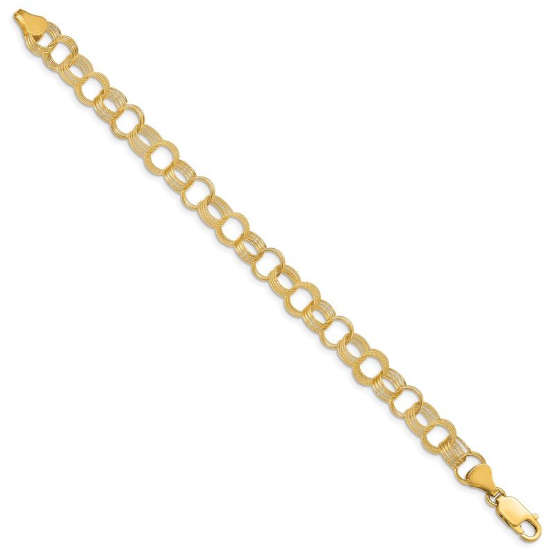 14k 8mm Solid Polished and Textured Triple Link 7 inch Charm Bracelet