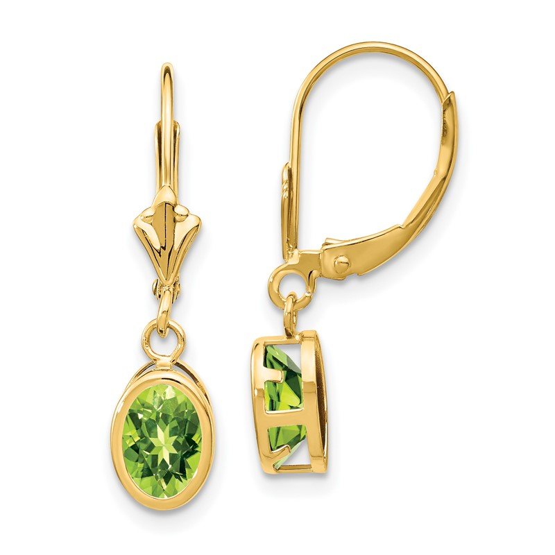 14k 7x5mm Oval Peridot Bezel Leverback Dangle Earrings