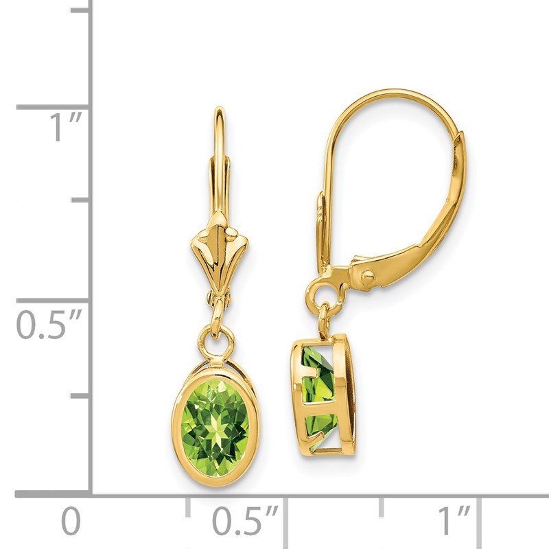 14k 7x5mm Oval Peridot Bezel Leverback Dangle Earrings