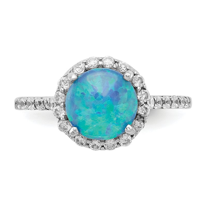 Sterling Silver Rhodium-plated Cabochon Lab Created Blue Opal and Brilliant Cut CZ Halo with Side Stones Ring