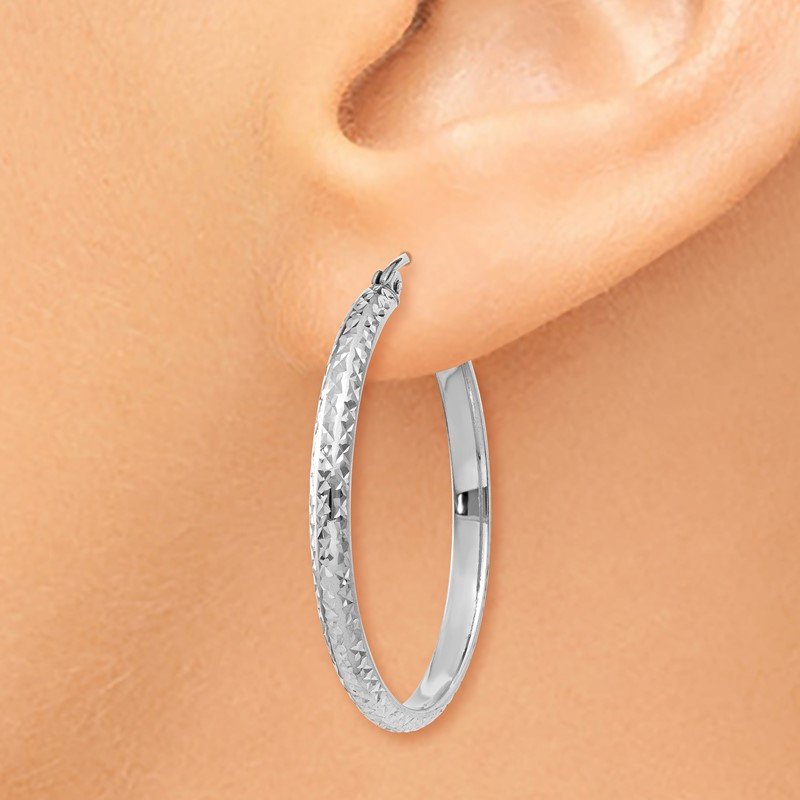 14K White Gold 2.8x30mm Diamond-cut Tube Hoop Earrings