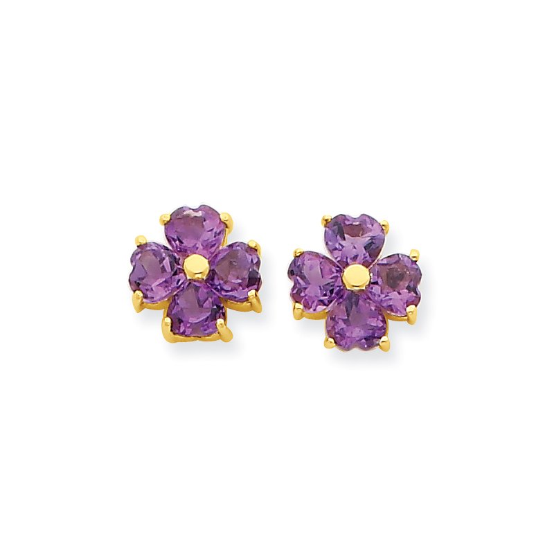 14k Heart-shaped Amethyst Flower Post Earrings