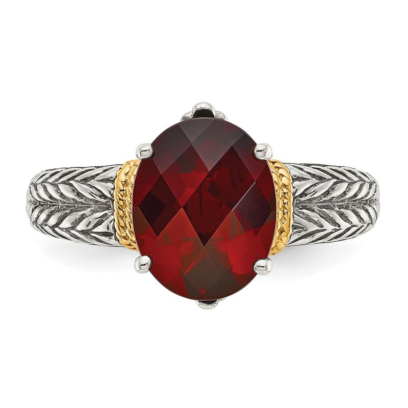 Sterling Silver with 14K Accent Antiqued Oval Garnet Ring