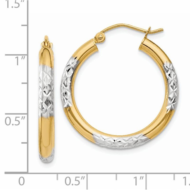 14K and Rhodium Diamond-cut 3x25mm Hoop Earrings