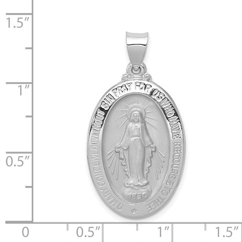 14k White Gold Polished and Satin Hollow Miraculous Medal Oval Pendant