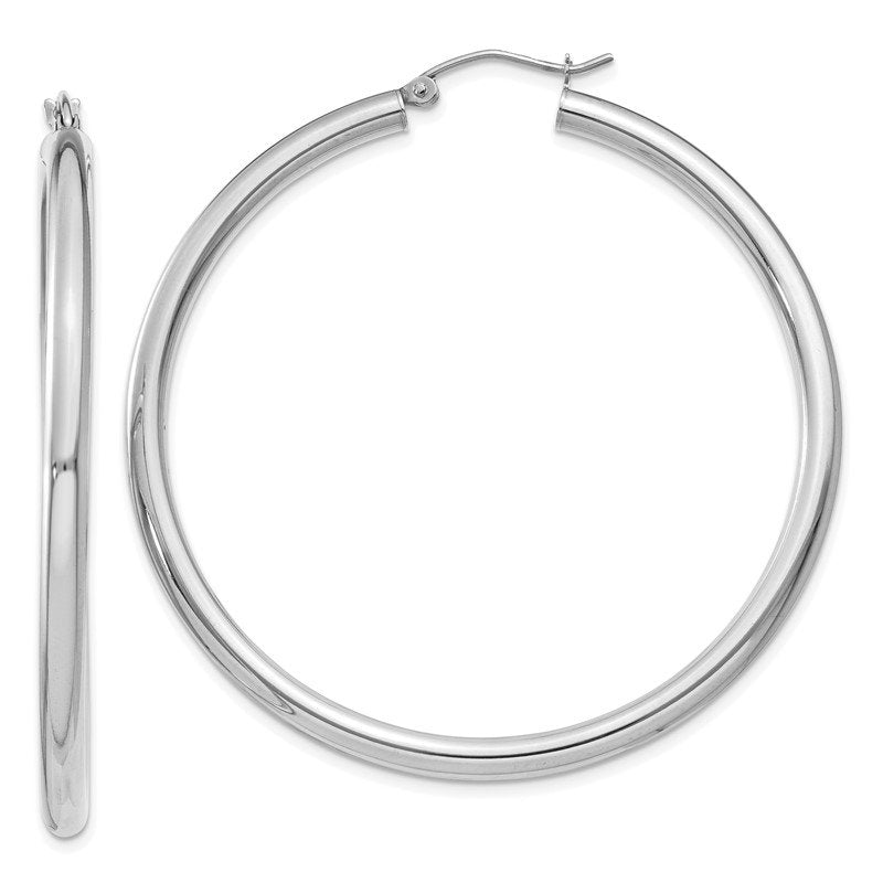 14K White Gold 3x50mm Polished Lightweight Tube Hoop Earrings