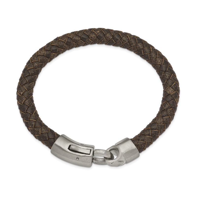 Stainless Steel Brushed Brown Braided Leather 8.25 inch Bracelet