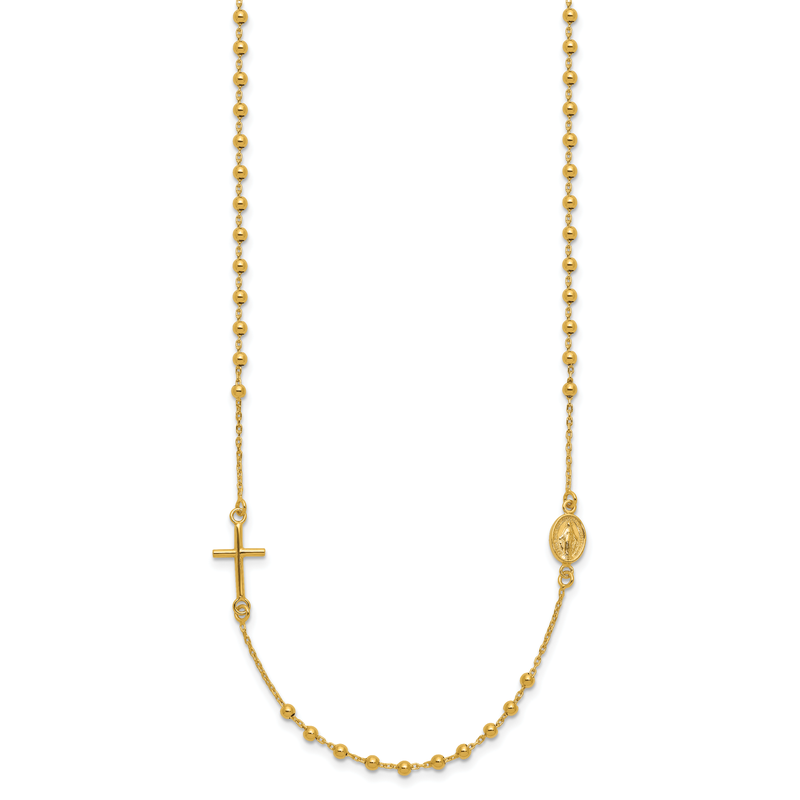 14k Polished Cross and Miraculous Medal Beaded Rosary Design 16 inch Necklace