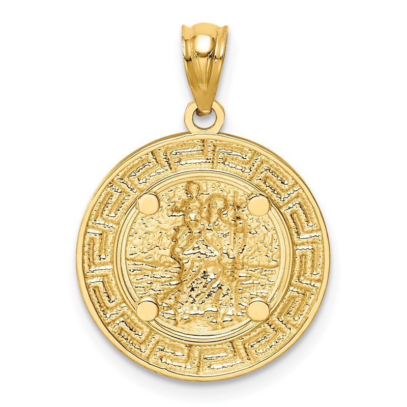 14K and White Rhodium Solid St. Christopher Medal Greek Key Edge Round Pendant