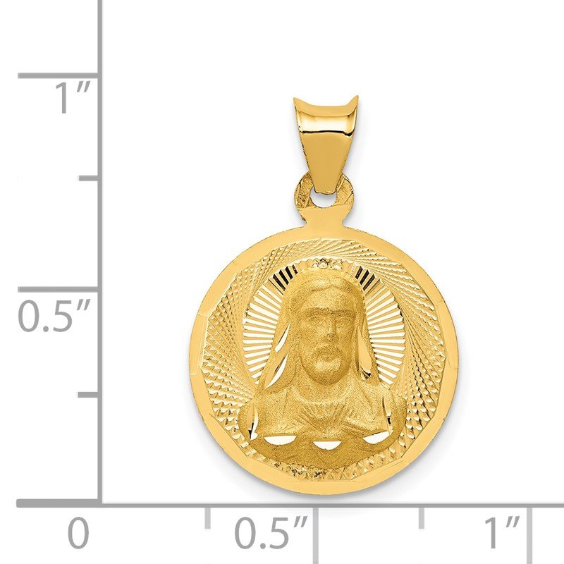 14K Polished Diamond-cut Solid Sagrado Corazon de Jesus Round Pendant