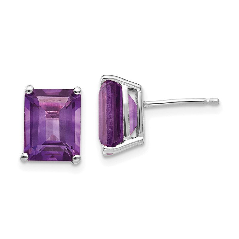 14k White Gold 9x7mm Emerald-Cut Amethyst Post Earrings