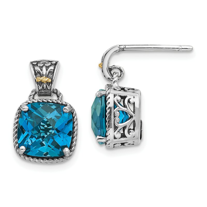 Sterling Silver with 14K Accent Antiqued Cushion London Blue Topaz Post Dangle Earrings
