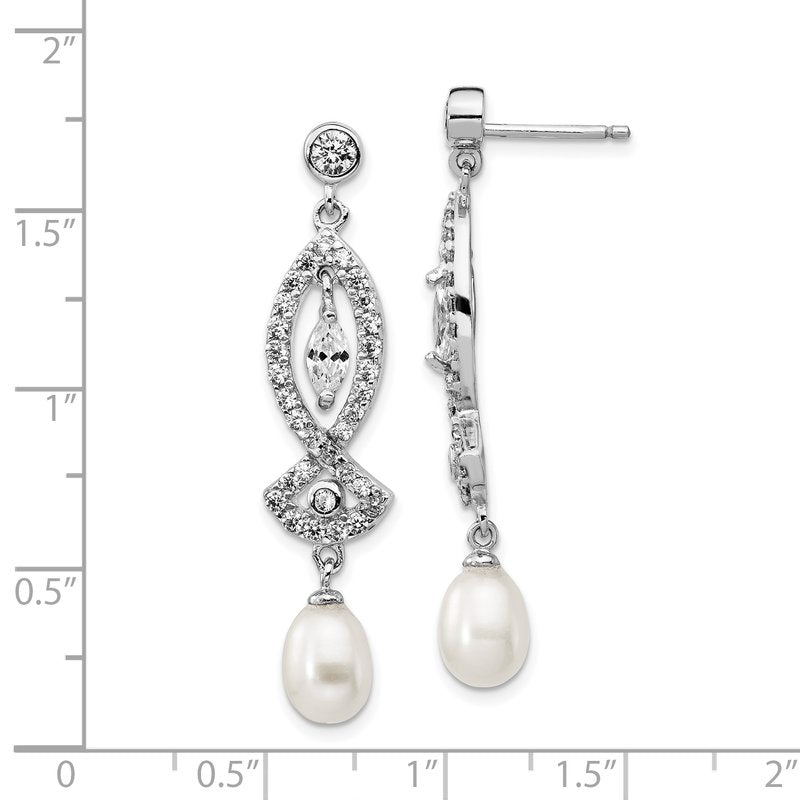 Sterling Silver Rhodium-plated Teardrop Freshwater Cultured Pearl and Marquise-cut/Brilliant-cut CZ Post Dangle Earrings