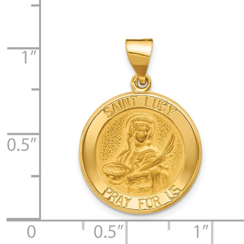 14k Polished and Satin Hollow St Lucy Medal Round Pendant