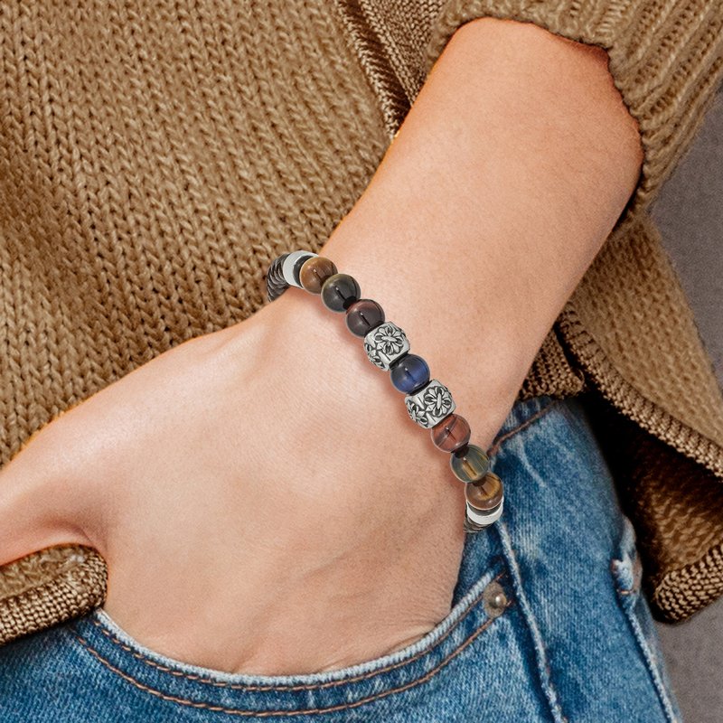 Stainless Steel Antiqued and Polished MultiColor Tiger's Eye Beads Brown Leather 8.5 inch Bracelet