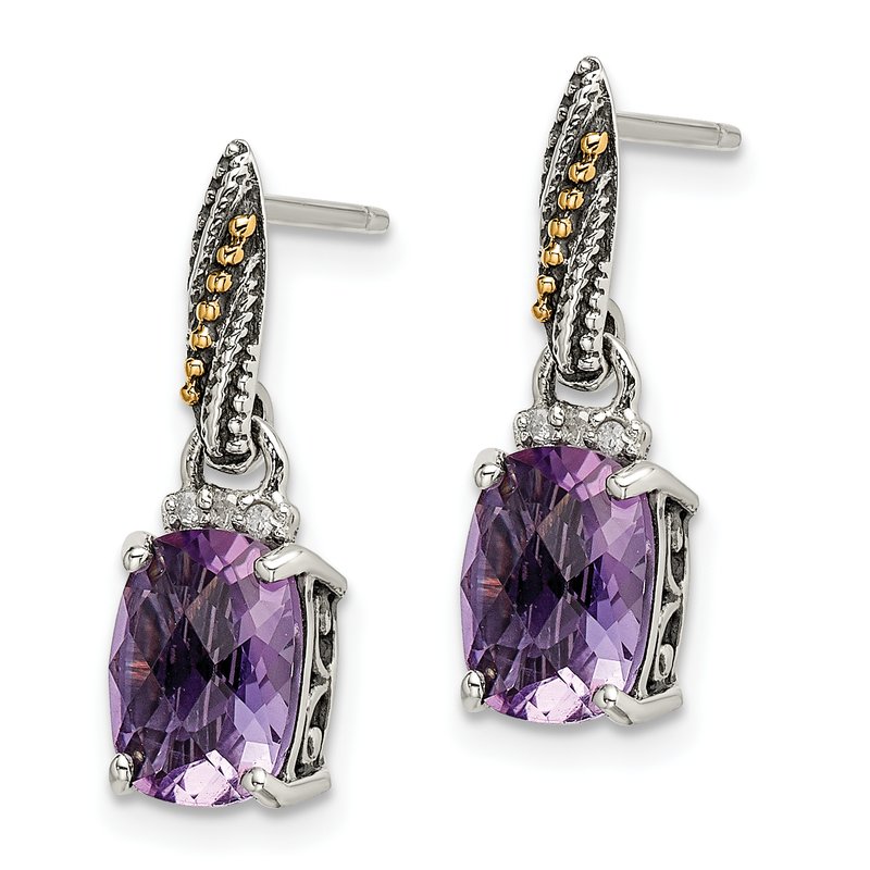 Sterling Silver with 14K Accent Antiqued Diamond and Cushion Amethyst Dangle Post Earrings