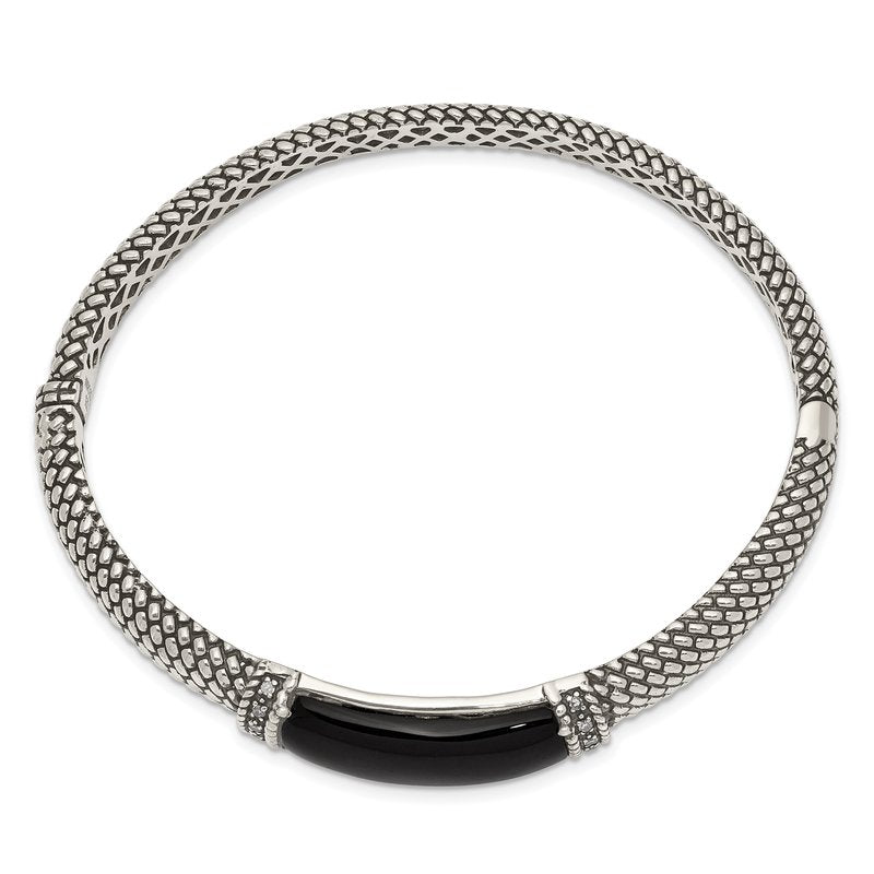 Sterling Silver Antiqued Black Onyx and Diamond Hinged Bangle Bracelet