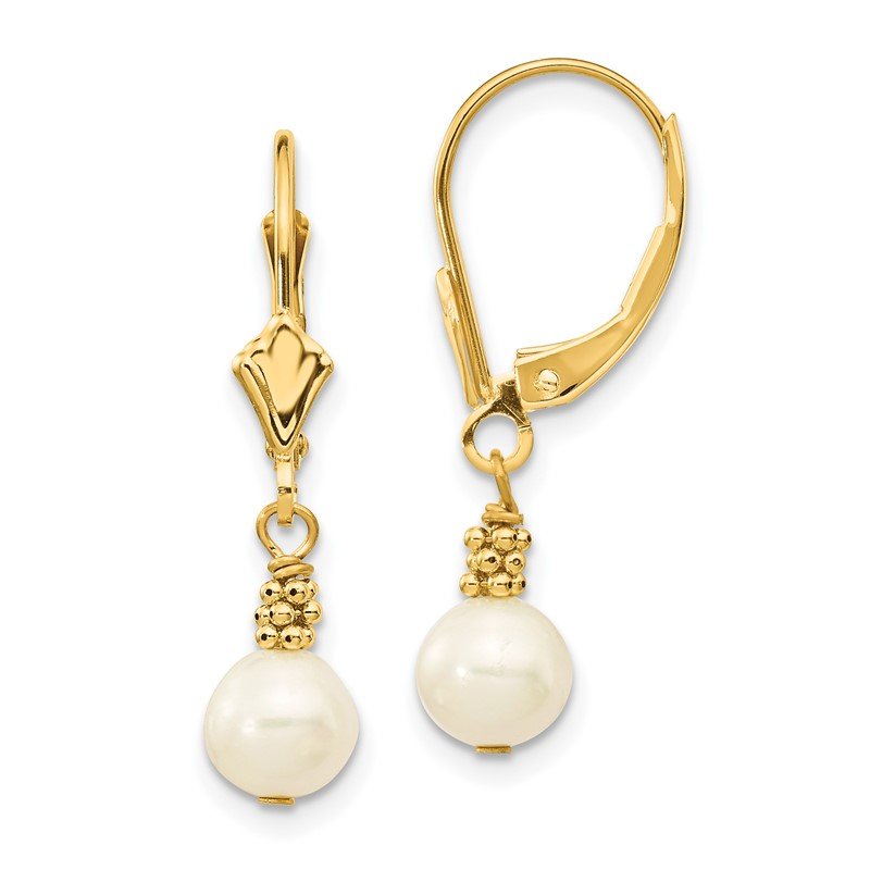 14k 5-6mm White Semi-round Freshwater Cultured Pearl Dangle Leverback Earrings