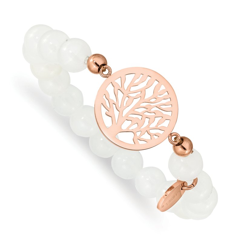Stainless Steel Polished Rose IP-plated Tree of Life 8mm White Jade Beaded Stretch Bracelet