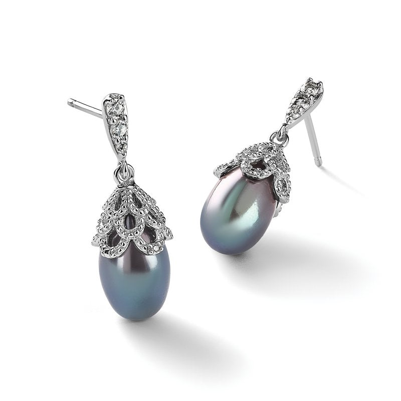 Sterling Silver Rhodium-plated Black Teardrop Freshwater Cultured Pearl and Brilliant-cut CZ Post Dangle Earrings