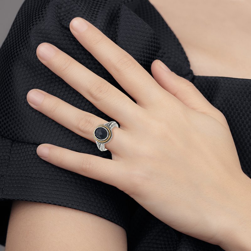 Sterling Silver with 14K Accent Antiqued Checkerboard-cut Black Onyx Ring