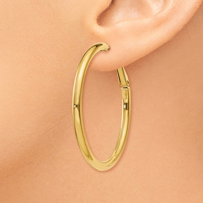 14k 3x35mm Polished Round Omega Back Hoop Earrings