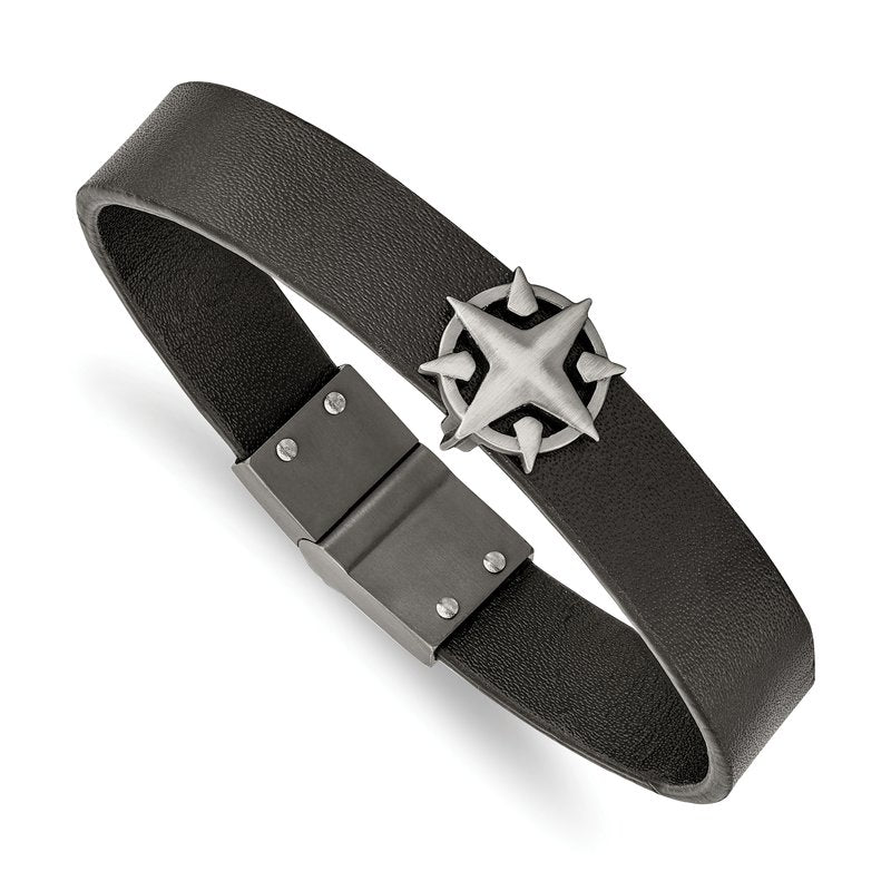 Stainless Steel Brushed Antiqued White Bronze-plated Compass Black Leather 8.25 inch Bracelet