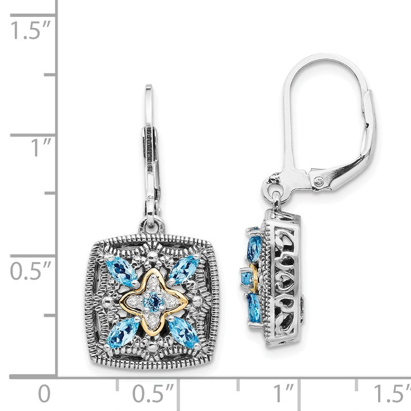 Sterling Silver with 14K Accent Antiqued Diamond and Marquise Blue Topaz Leverback Earrings