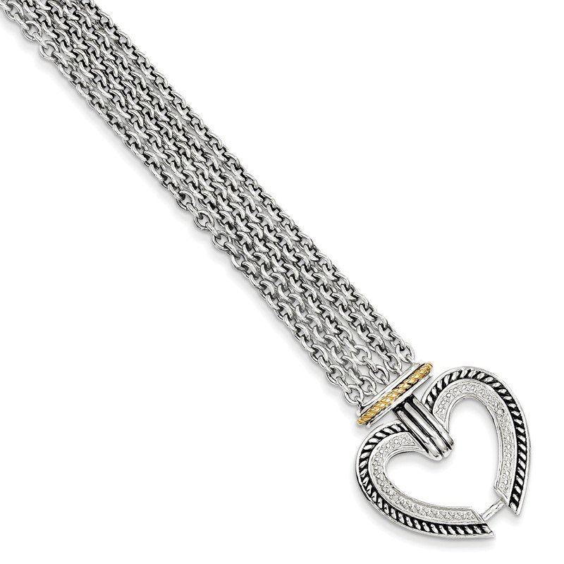Sterling Silver with 14K Accent 7.75 Inch Antiqued Diamond Heart Bracelet