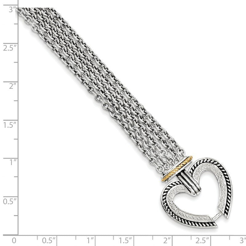 Sterling Silver with 14K Accent 7.75 Inch Antiqued Diamond Heart Bracelet