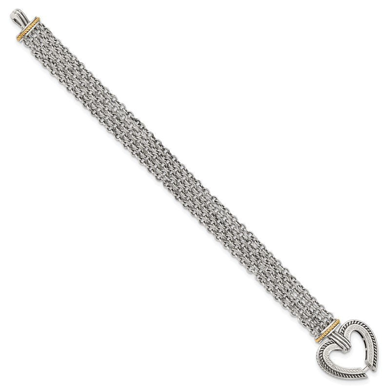 Sterling Silver with 14K Accent 7.75 Inch Antiqued Diamond Heart Bracelet