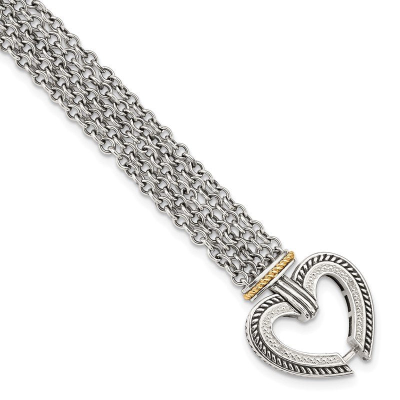 Sterling Silver with 14K Accent 7.75 Inch Antiqued Diamond Heart Bracelet