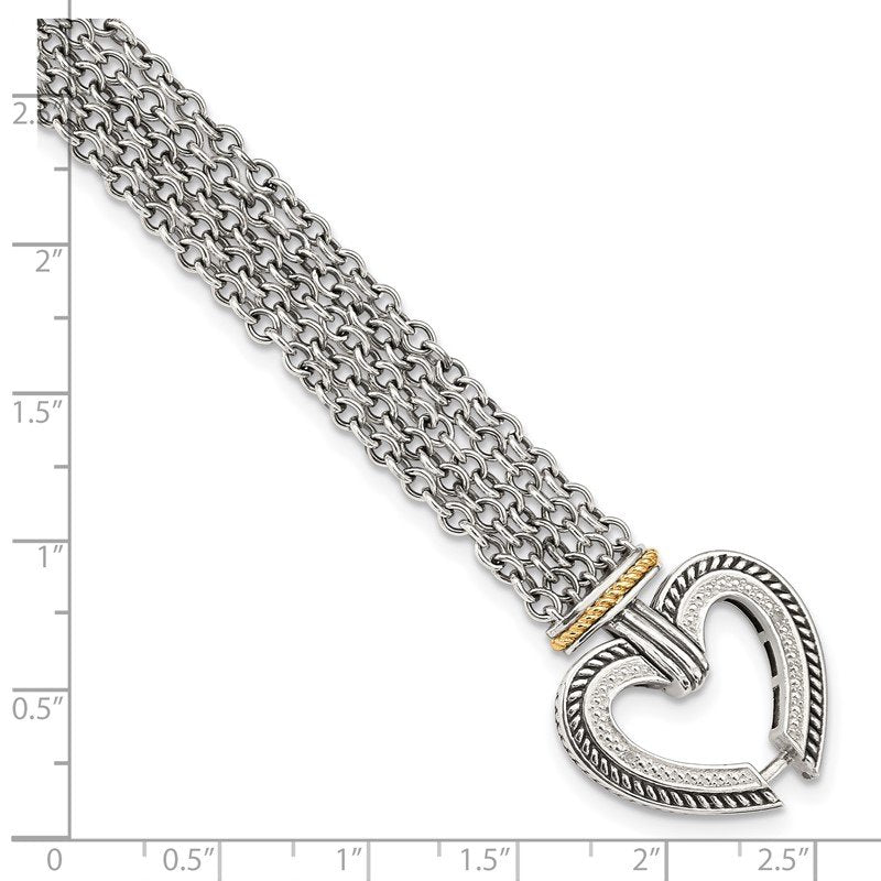 Sterling Silver with 14K Accent 7.75 Inch Antiqued Diamond Heart Bracelet