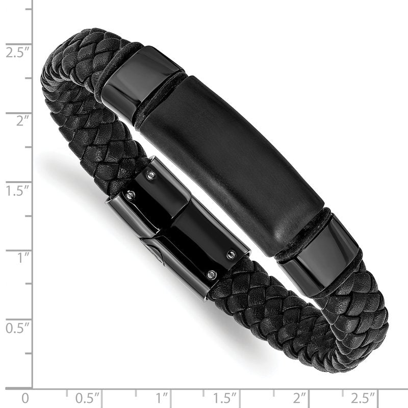 Stainless Steel Brushed and Polished Black IP-plated Braided Black Leather 8.25 inch Bracelet