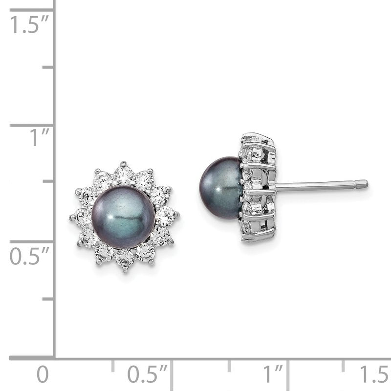 Sterling Silver Rhodium-plated Black Freshwater Cultured Pearl and Brilliant-cut CZ Post Earrings